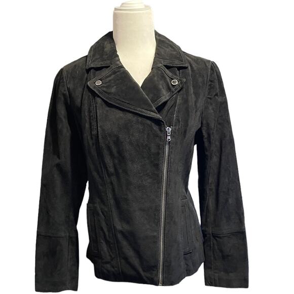 Isaac Mizrahi Live! Size 6 Black Suede Motorcycle Jacket Floral Printed Lining - Picture 1 of 10